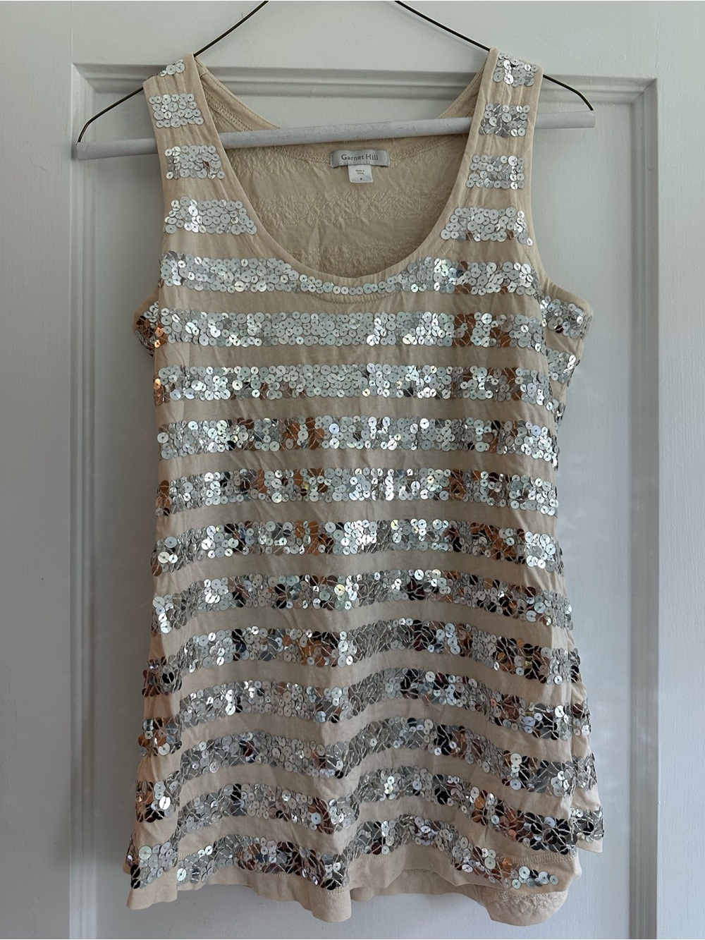 Garnet Hill Beige Tank with Silver Sequin Stripes